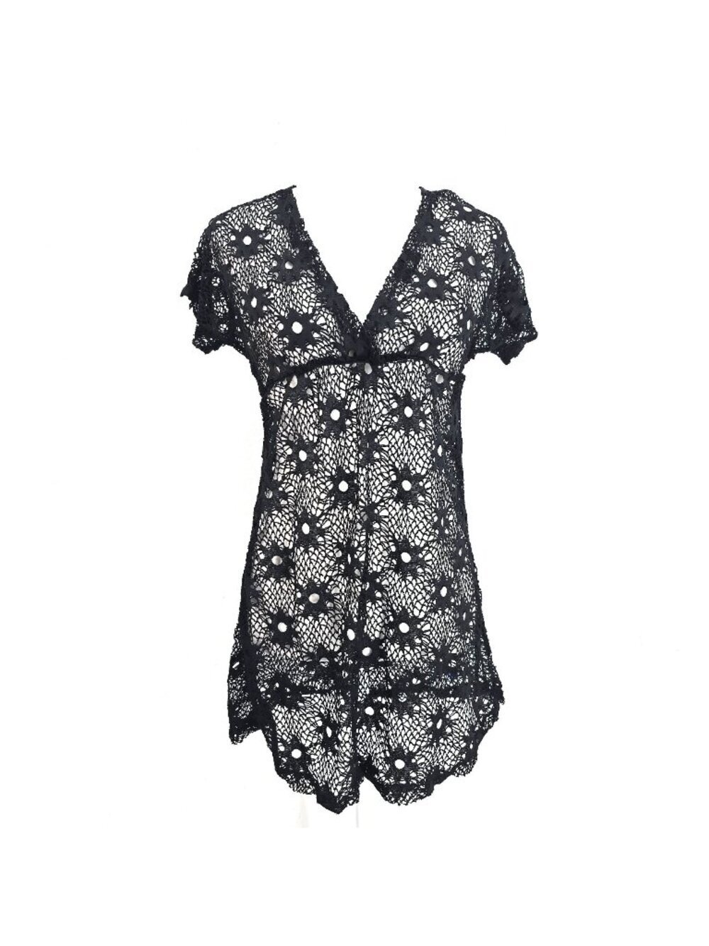 VTG 90s B. Split Black Floral Crochet V Neck Swim Dress Women S / M